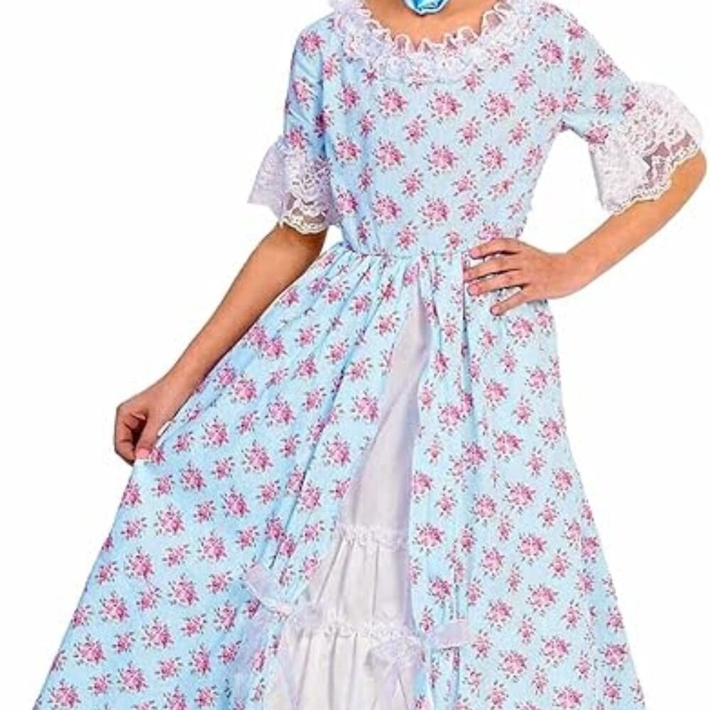Girls' Historical Early American Lady Pink & Blue Dress Costume Size Medium 8/10